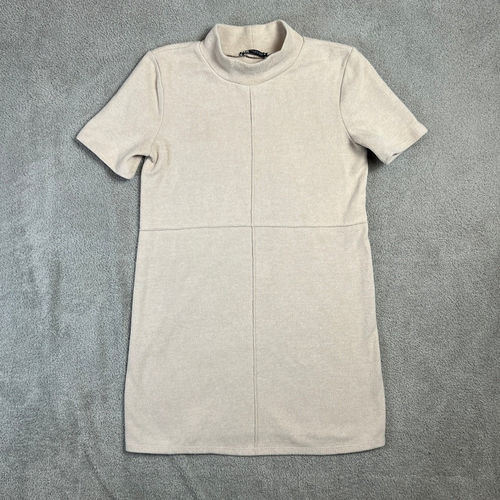 ZARA Sweater Dress Women's Small Beige Ribbed Mini Knit Mock Neck Short Sleeve